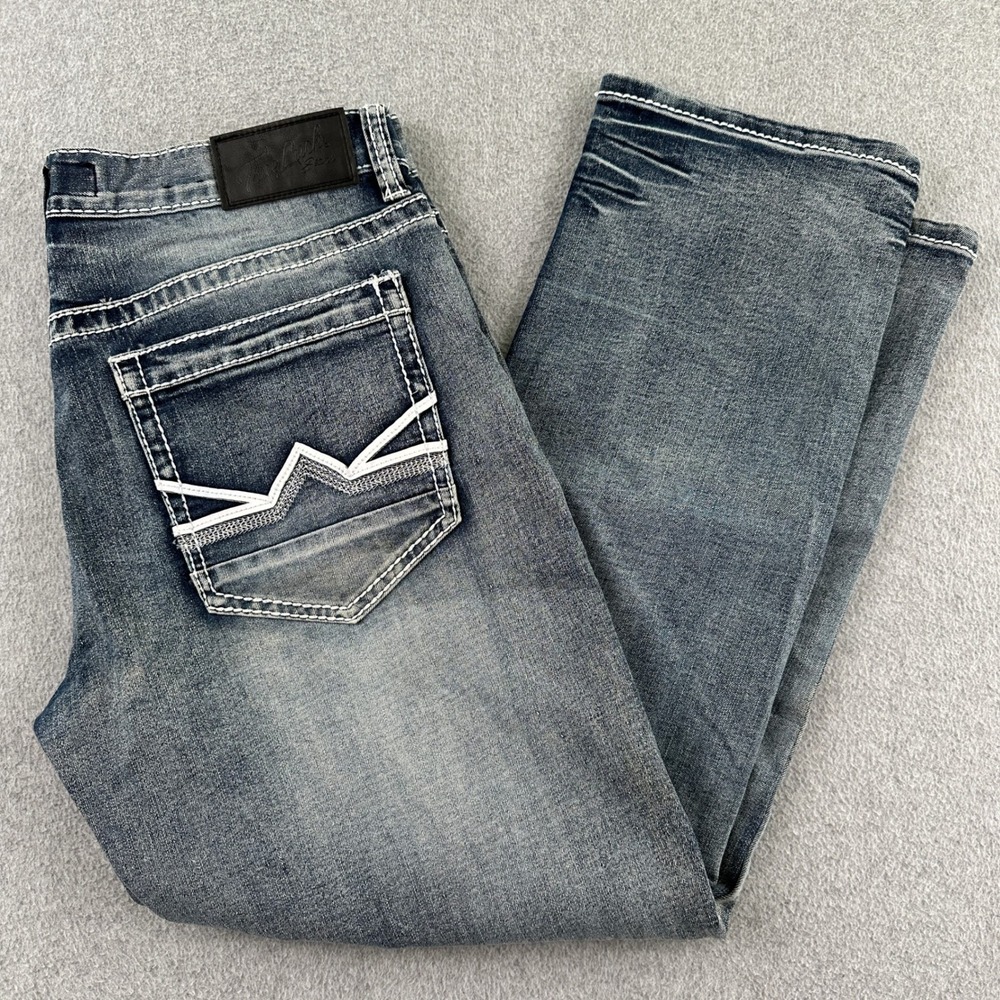 True Luck Jeans Mens 34 Blue Straight Leg Thick Stitch Faded Denim TL16350037